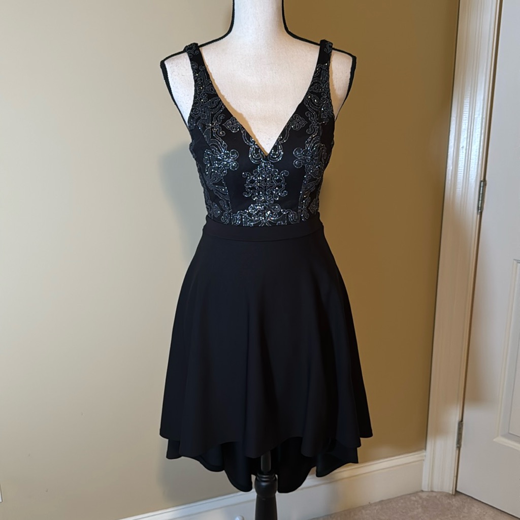 Black And Silver Hi Lo Dress With Open Back Details. Size 3.